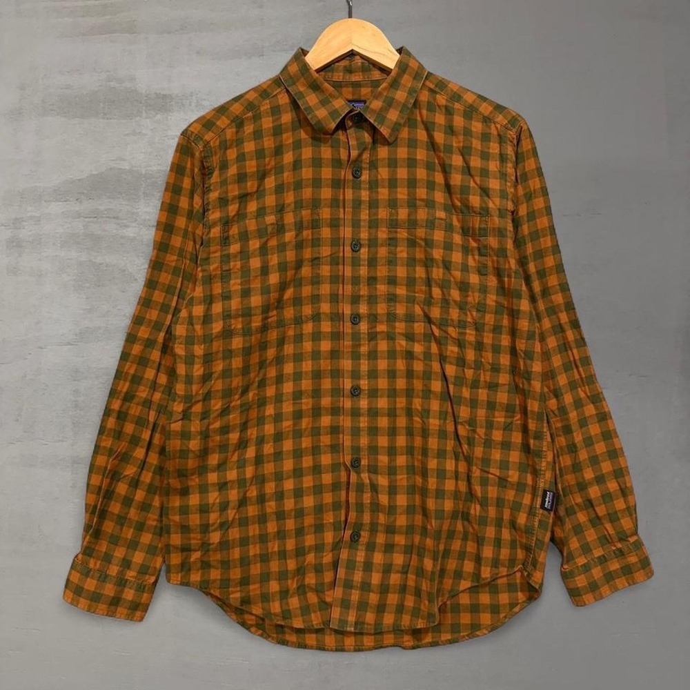 Patagonia Button Down Shirt Orange Olive Green Gingham Organic Cotton Small
